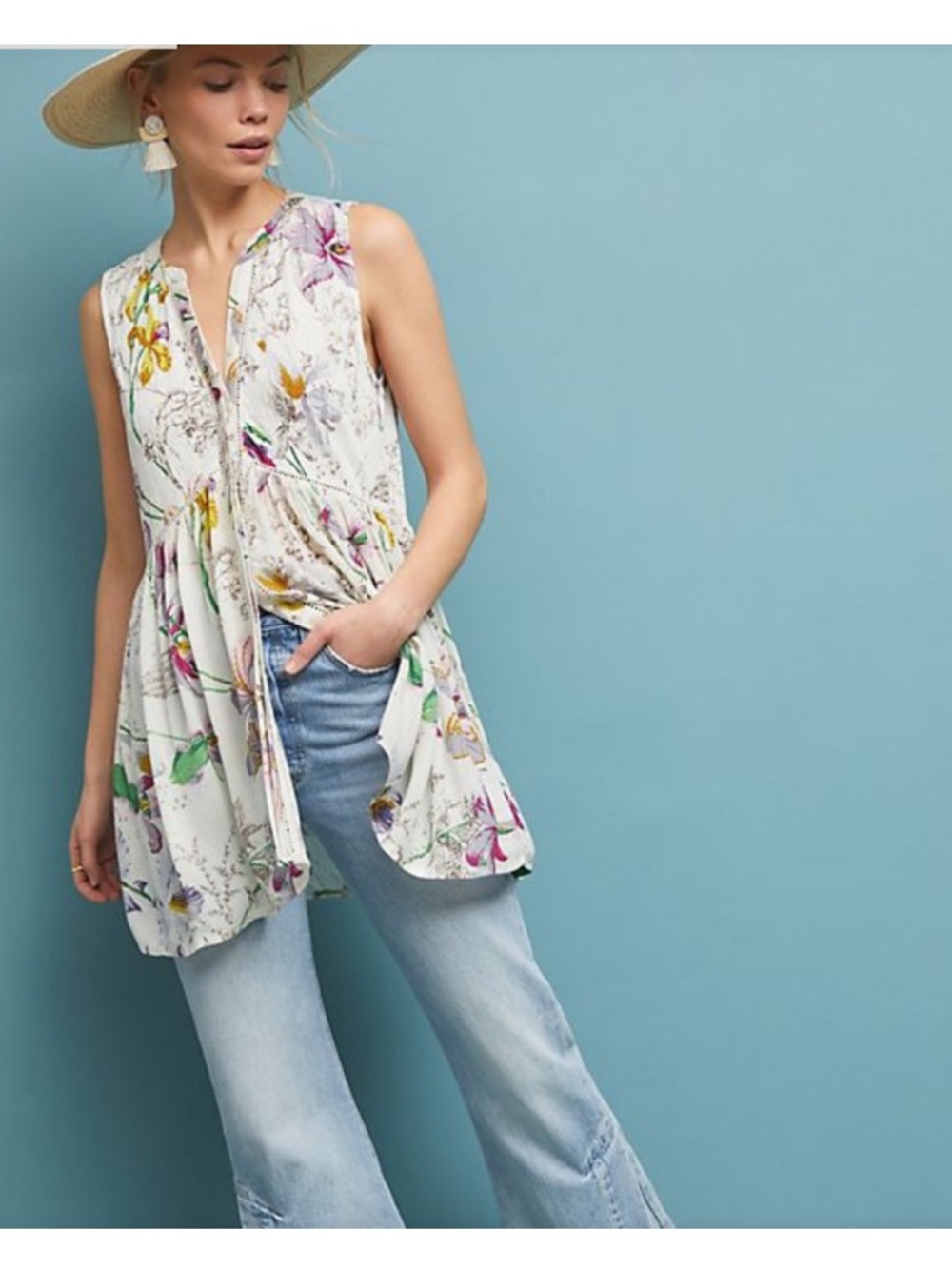 Anthropologie Nia Floral Split-Hem Tunic Top Tank Large
